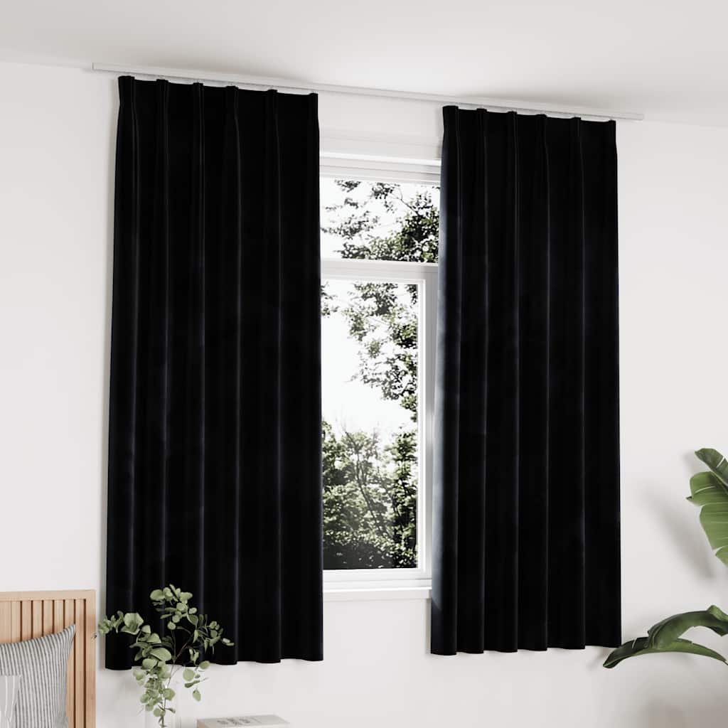 Blackout Curtains 2 pcs with Hooks Velvet Black 140x175 cm