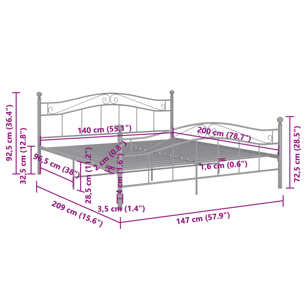 Bed Frame without Mattress Grey Metal 140x200 cm