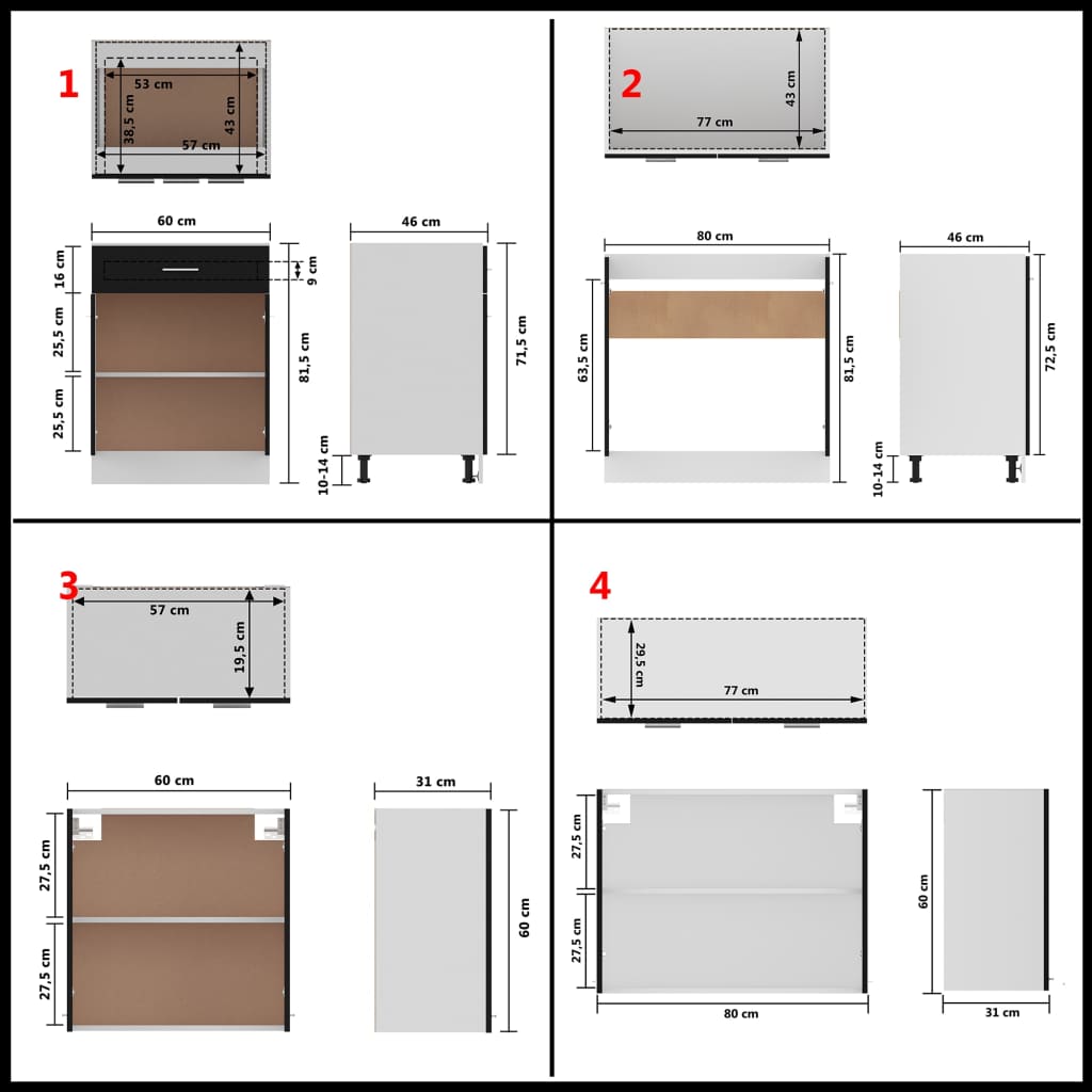 4 Piece Kitchen Cabinet Set Lyon Black Engineered Wood