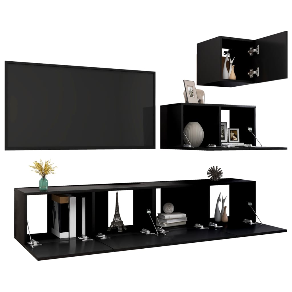 4 Piece TV Cabinet Set Black Engineered Wood