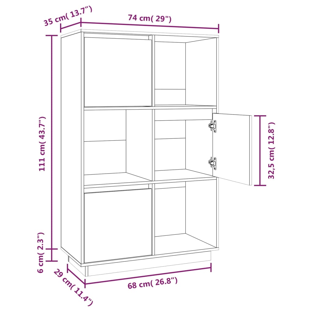 Highboard Honey Brown 74x35x117 cm Solid Wood Pine