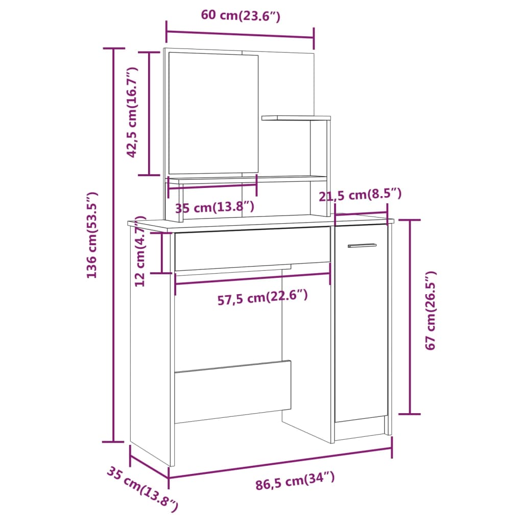 Dressing Table Set Grey Sonoma 86.5x35x136 cm