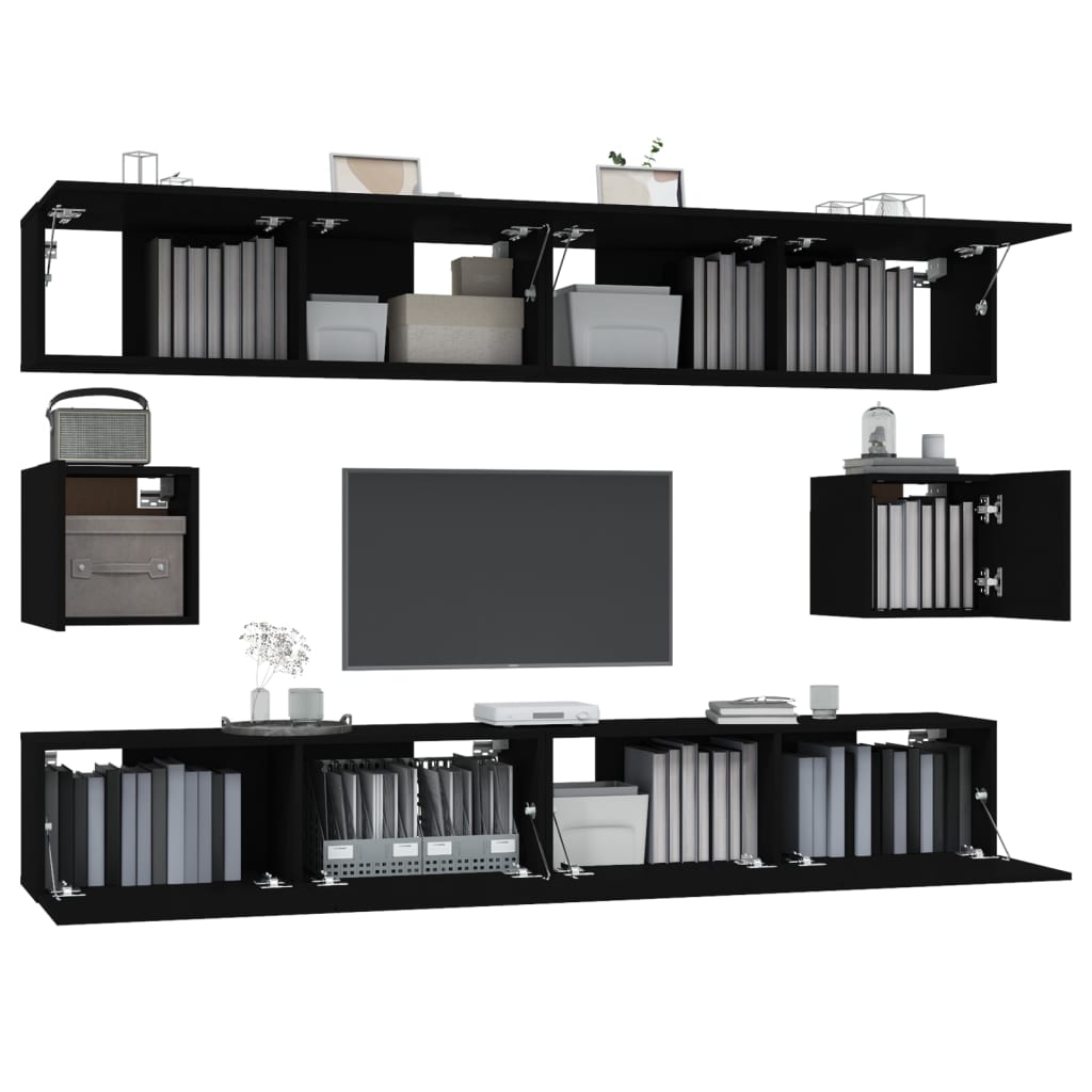 6 Piece TV Cabinet Set Black Engineered Wood