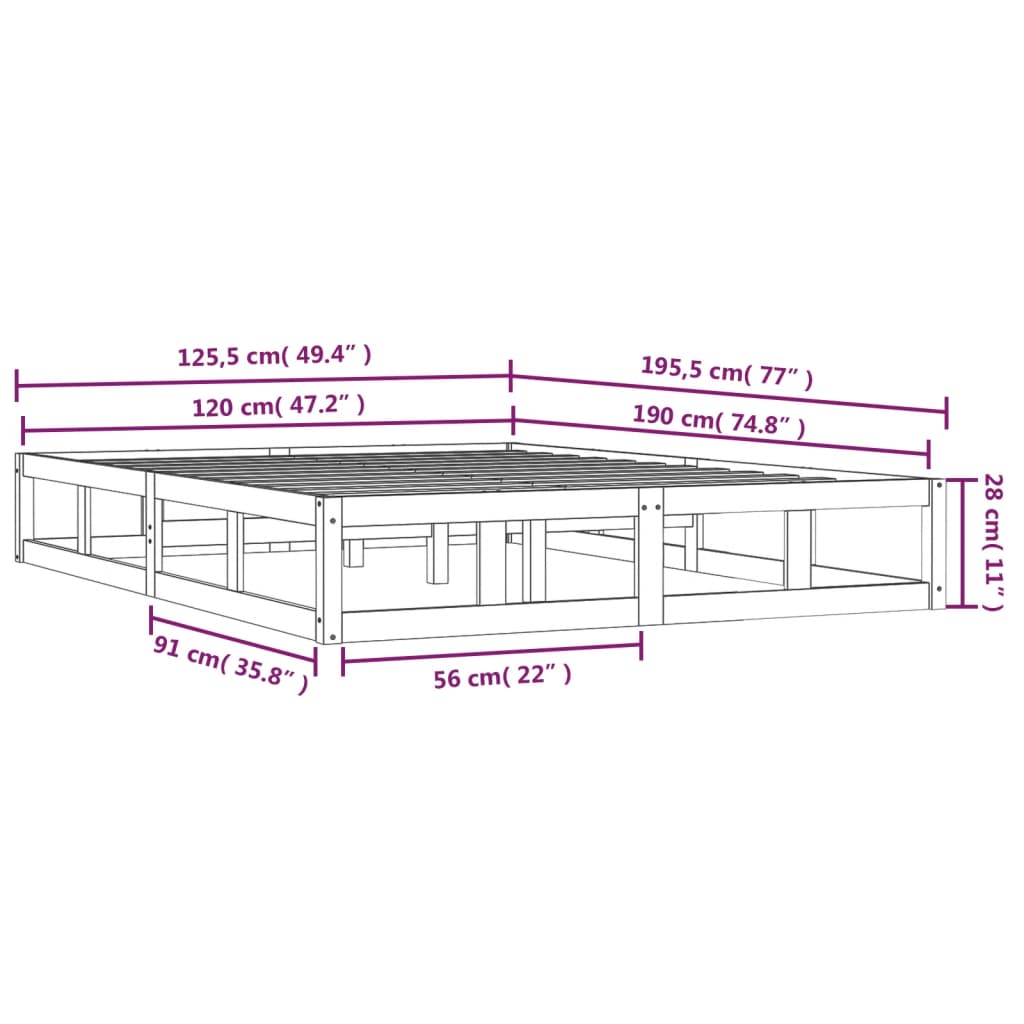 Bed Frame without Mattress Black 120x190 cm Small Double Solid Wood