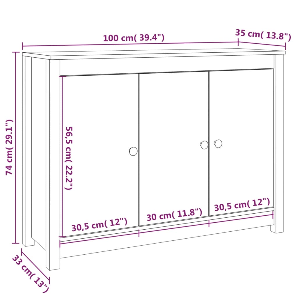 Sideboard White 100x35x74 cm Solid Wood Pine
