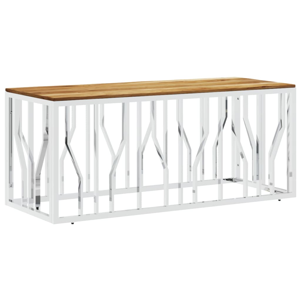 Coffee Table Silver Stainless Steel and Solid Wood Acacia