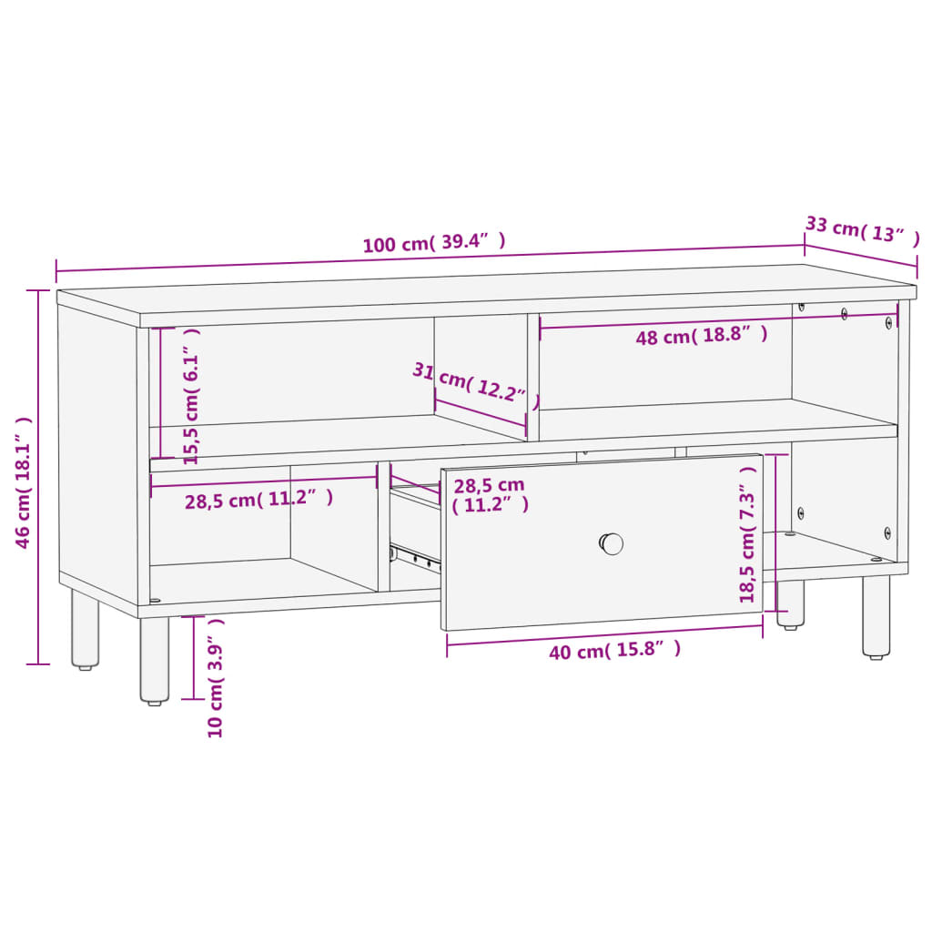 TV Cabinet Black 100x33x46 cm Solid Wood Mango