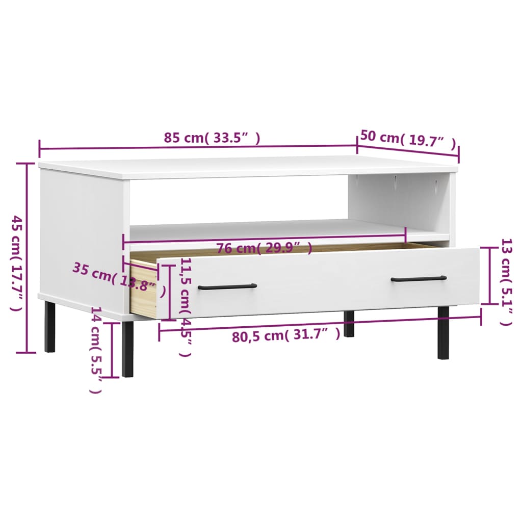 Coffee Table with Metal Legs White 85x50x45cm Solid Wood OSLO