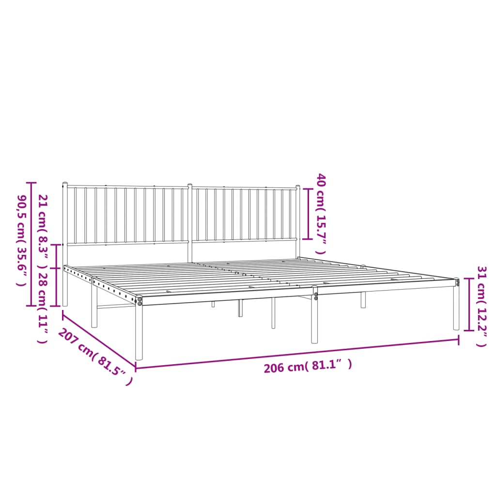 Metal Bed Frame without Mattress with Headboard Black 200x200cm