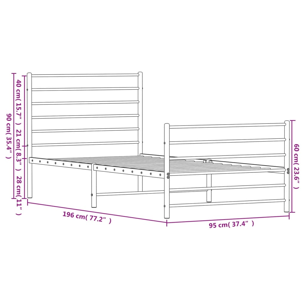 Metal Bed Frame without Mattress with Footboard White 90x190cm