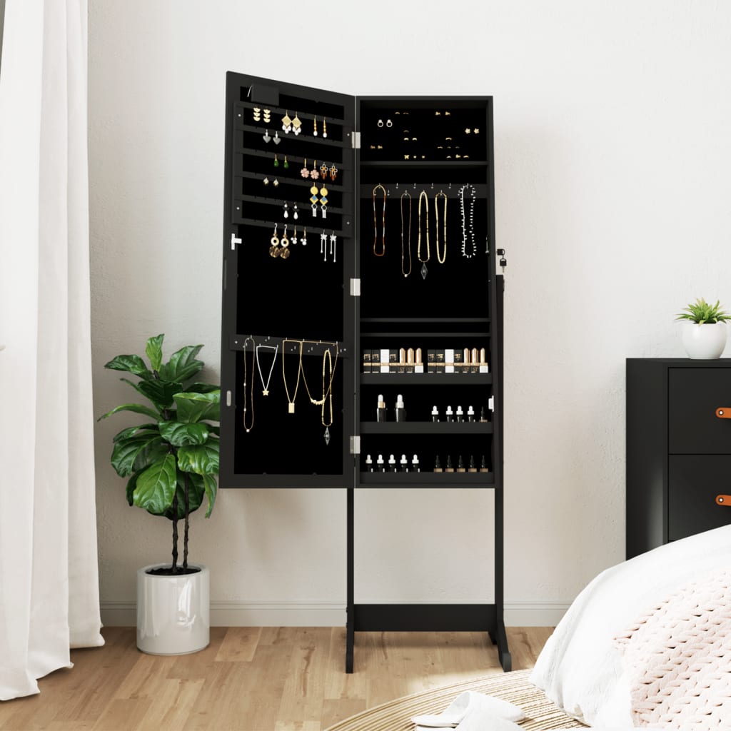 Mirror Jewellery Cabinet with LED Lights Free Standing Black