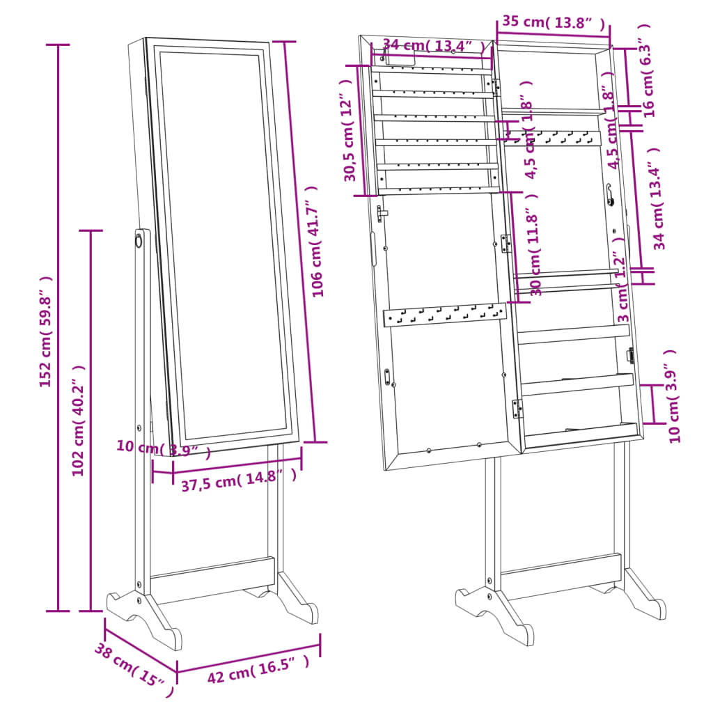Mirror Jewellery Cabinet with LED Lights Free Standing Black
