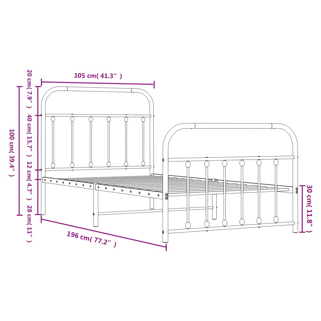 Metal Bed Frame without Mattress with Footboard Black 100x190cm