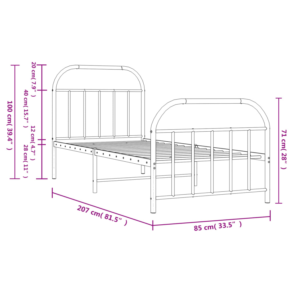 Metal Bed Frame without Mattress with Footboard Black 80x200cm