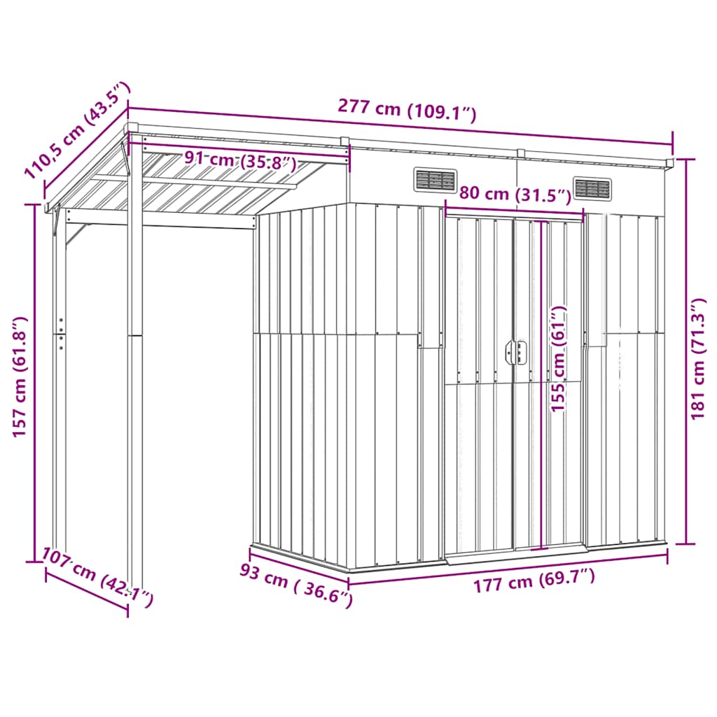 Garden Shed with Extended Roof Light Grey 277x107x181 cm Steel