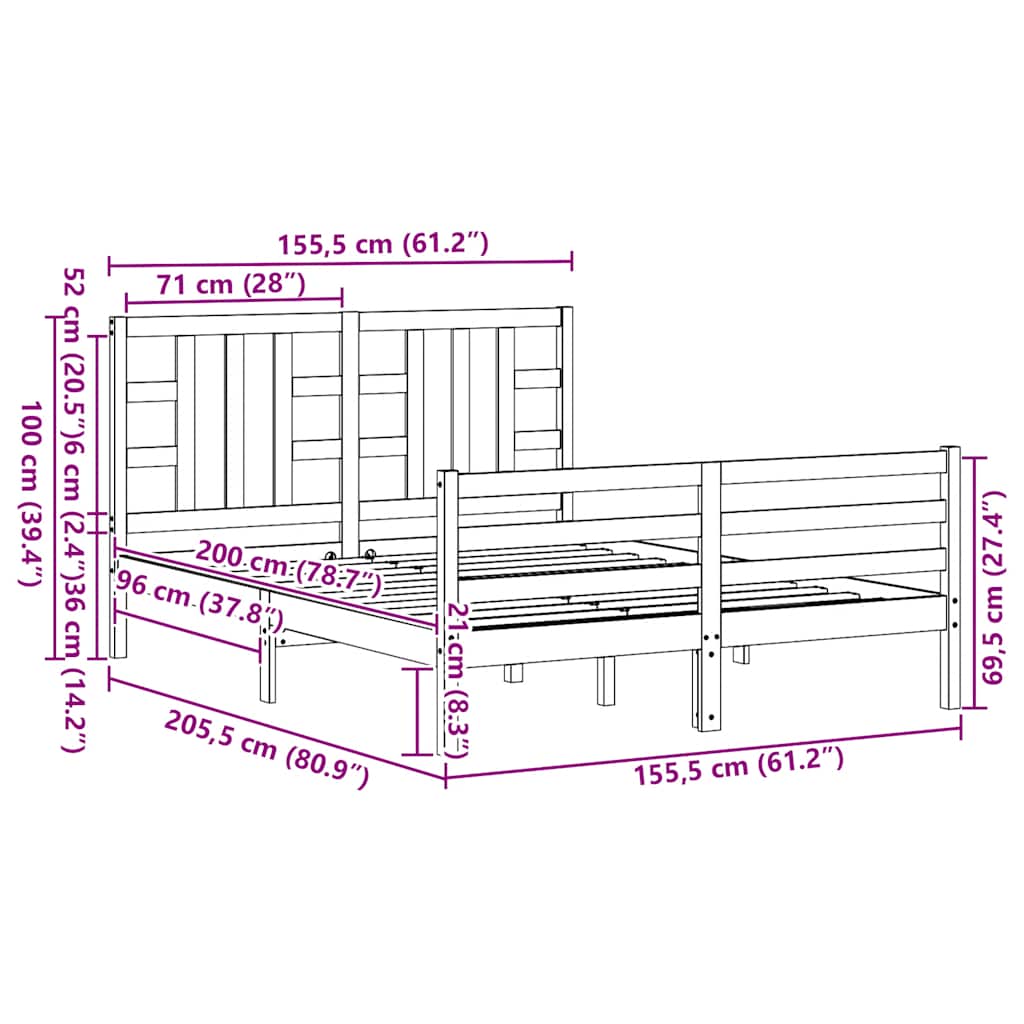 Bed Frame without Mattress White King Size Solid Wood