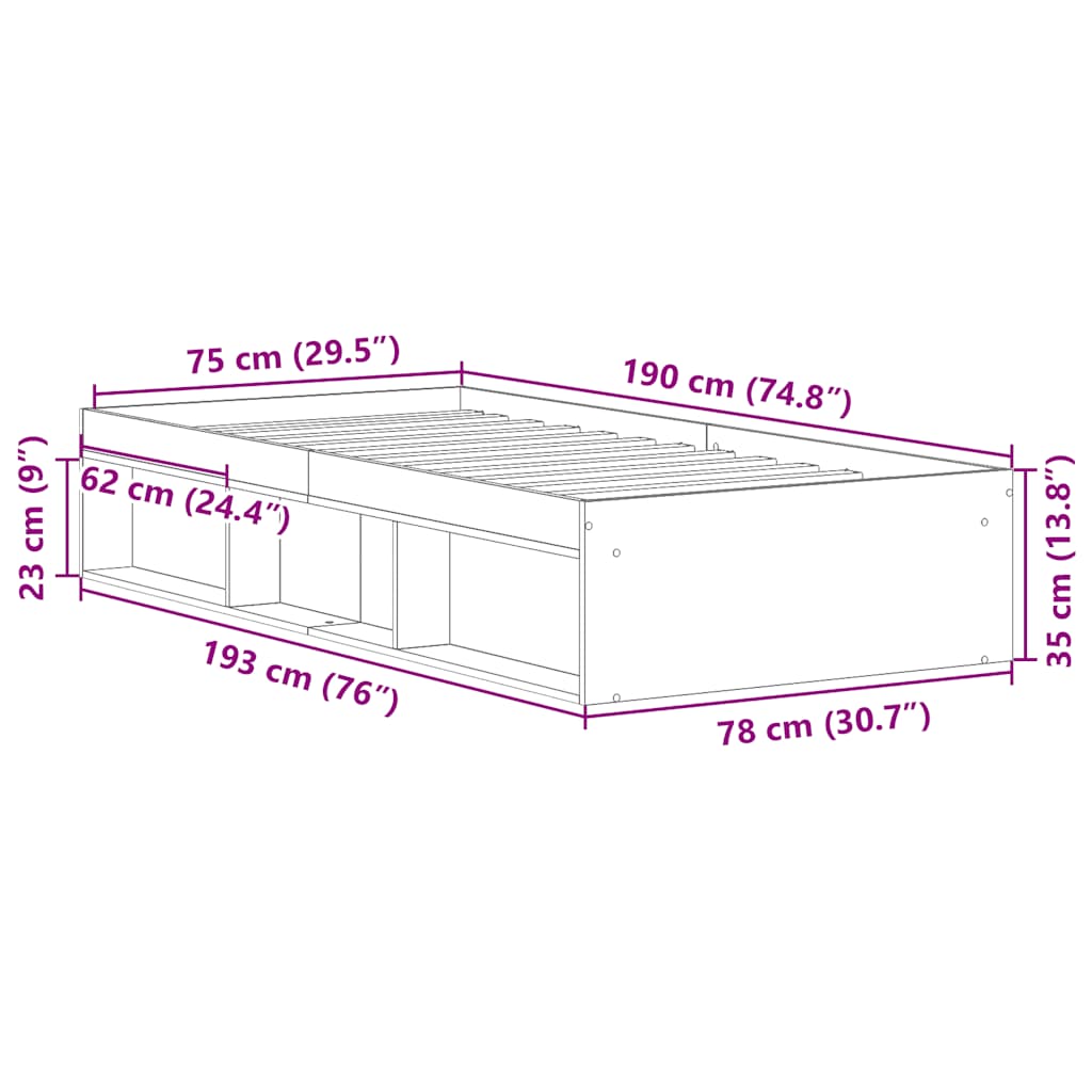 Bed Frame without Mattress Brown Oak 75x190 cm Small Single Small Single