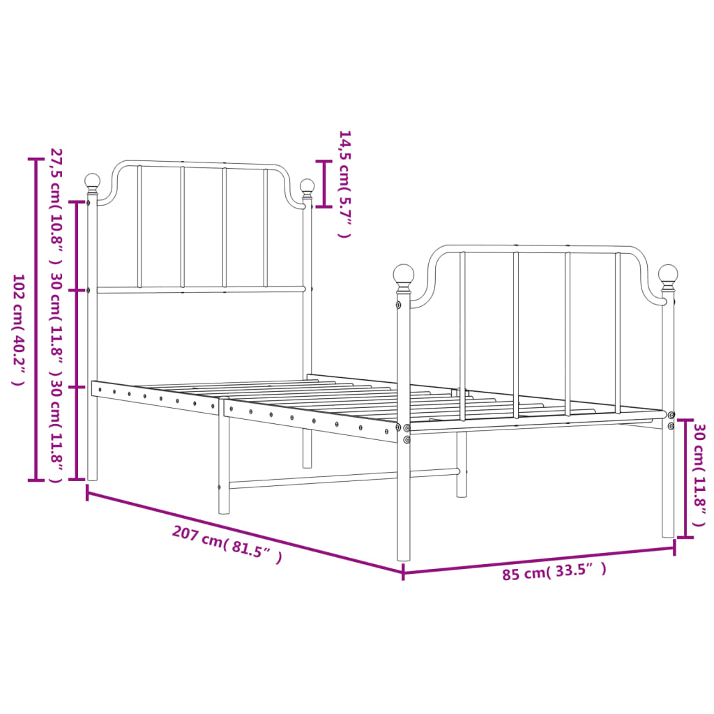 Metal Bed Frame without Mattress with Footboard Black 80x200cm