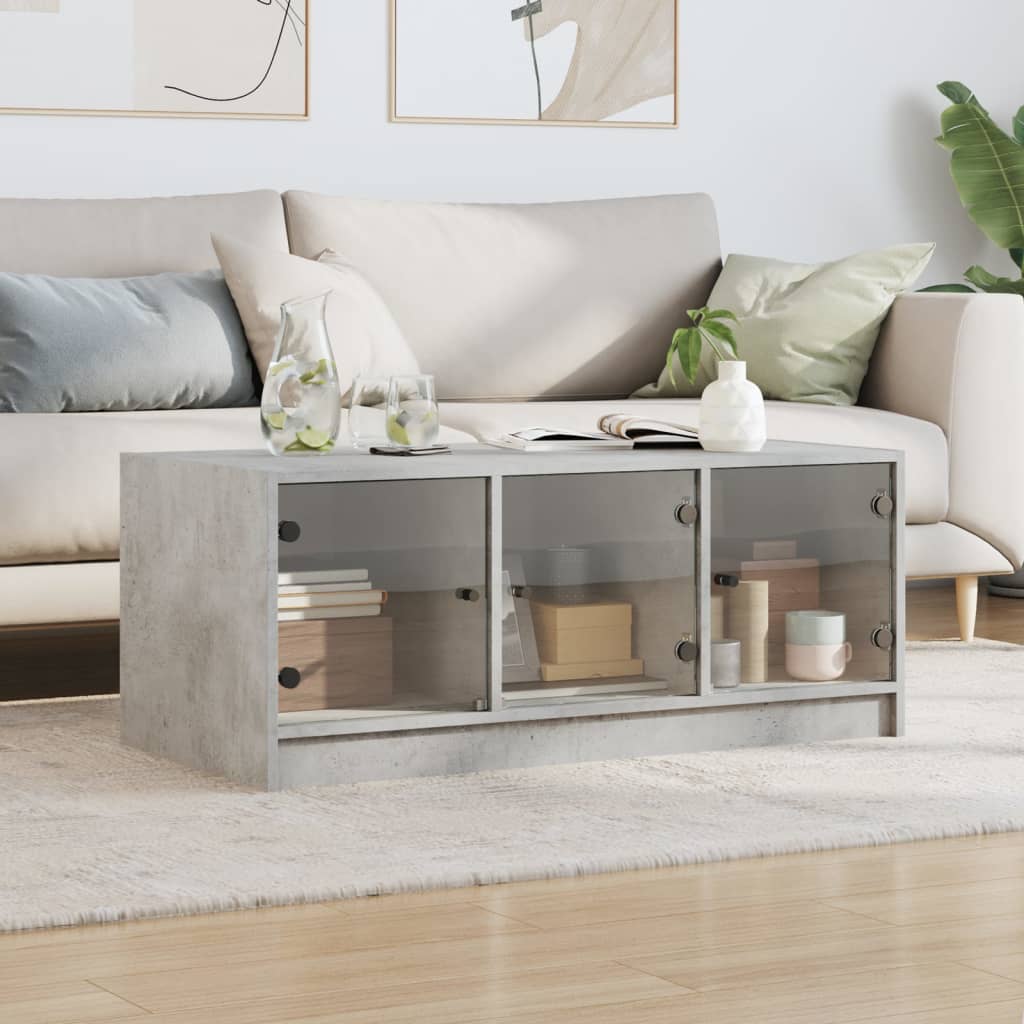 Coffee Table with Glass Doors Concrete Grey 102x50x42 cm
