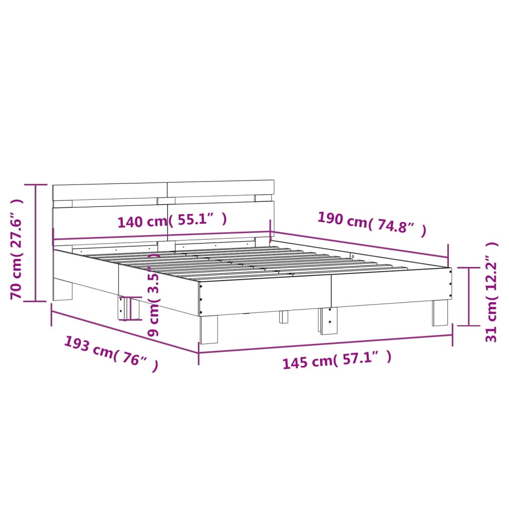 Bed Frame without Mattress Grey Sonoma 140x190 cm