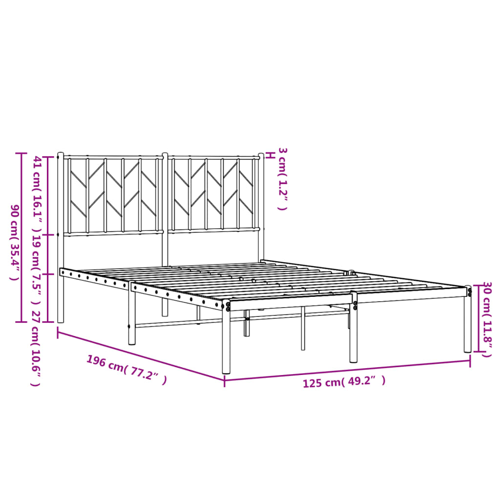 Metal Bed Frame without Mattress with Headboard Black 120x190cm
