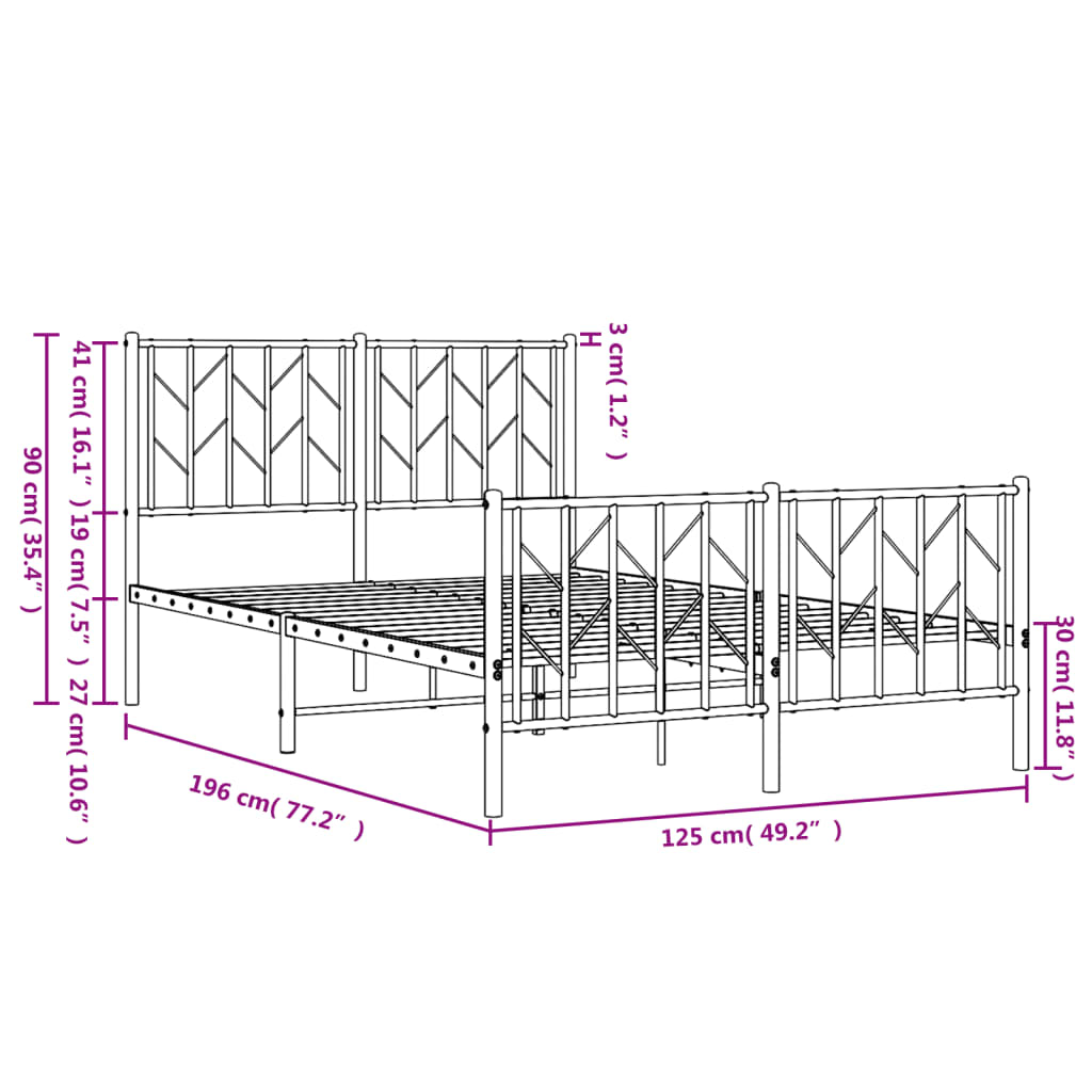 Metal Bed Frame without Mattress with Footboard White 120x190cm