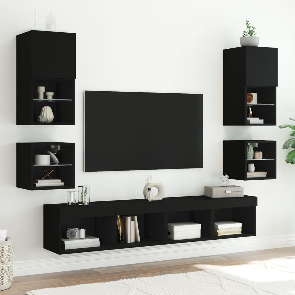TV Wall Cabinets with LED Lights 2 pcs Black 30x28.5x30 cm