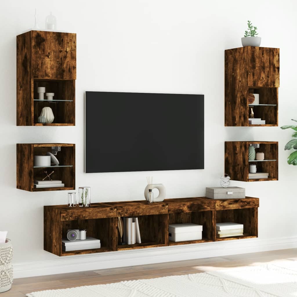 TV Wall Cabinet with LED Lights Smoked Oak 30x28.5x30 cm