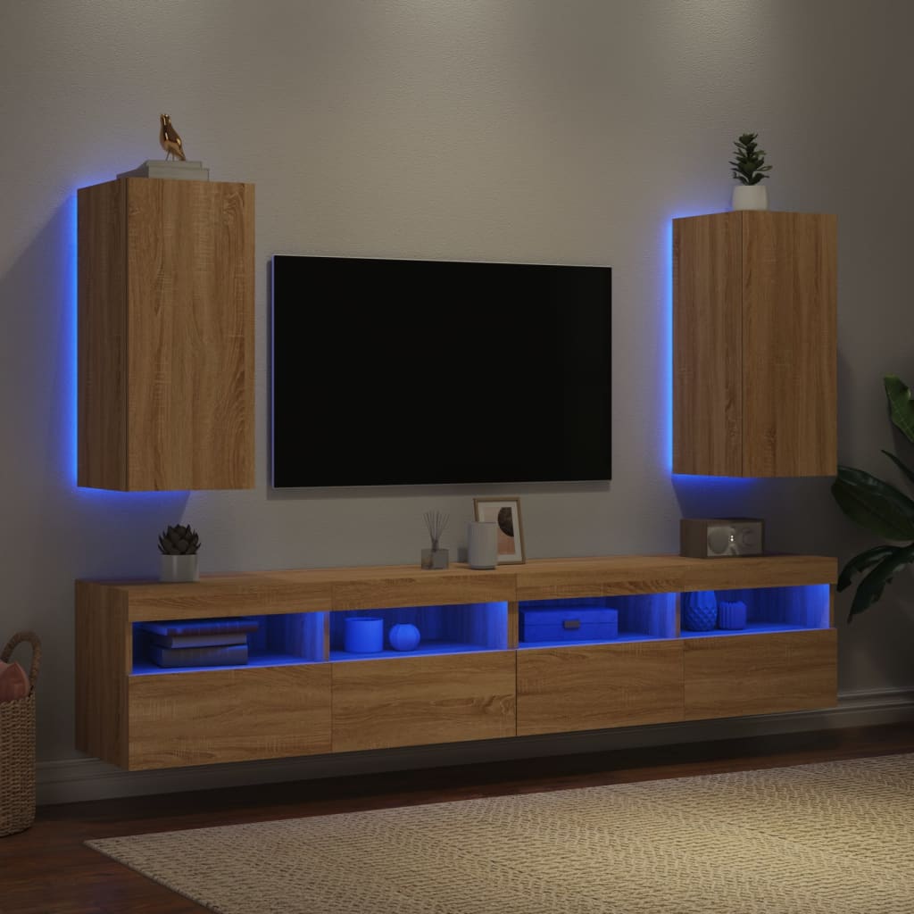 TV Wall Cabinets with LED Lights 2 pcs Sonoma Oak 30.5x35x70 cm