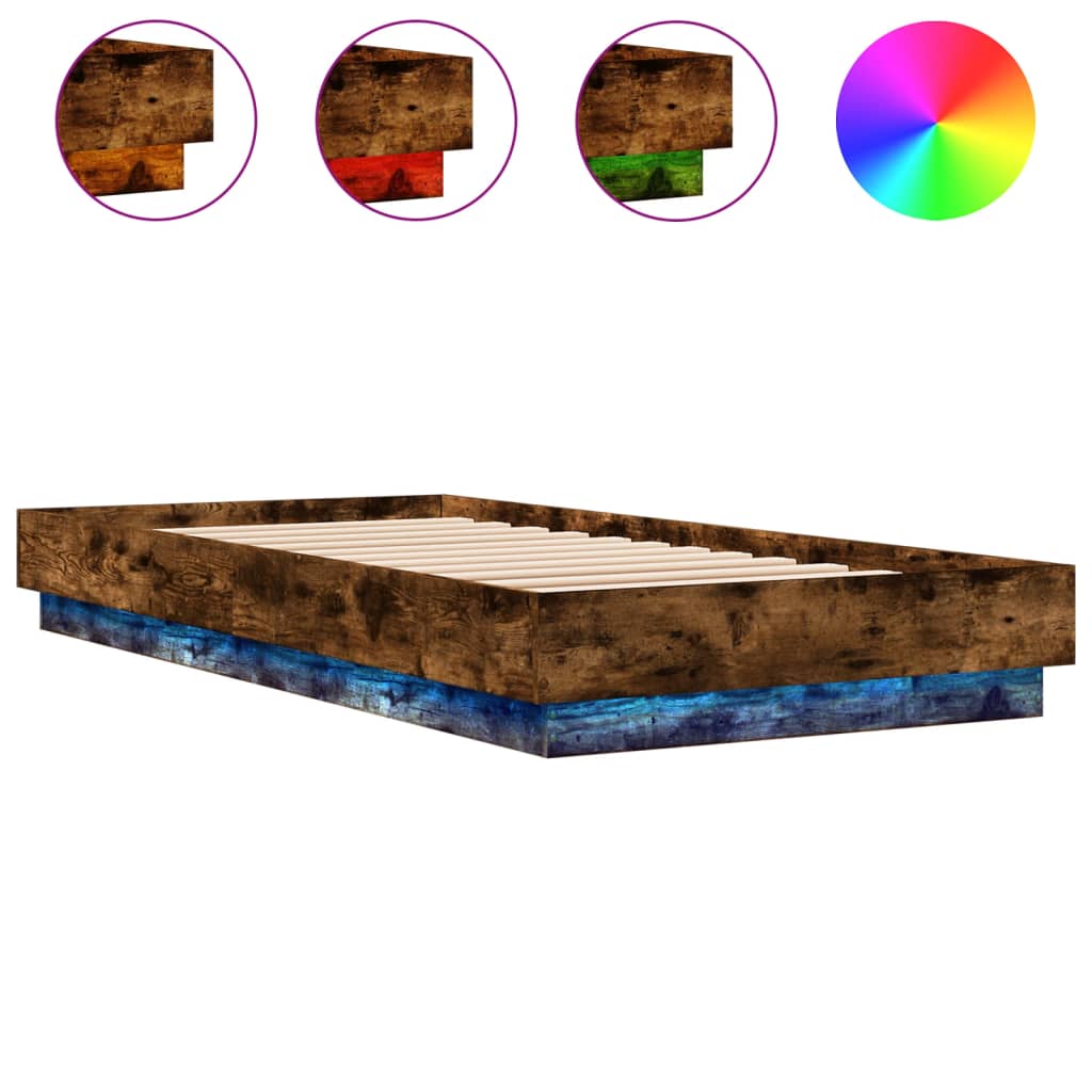 Bed Frame without Mattress with LED Lights Smoked Oak 100x200 cm