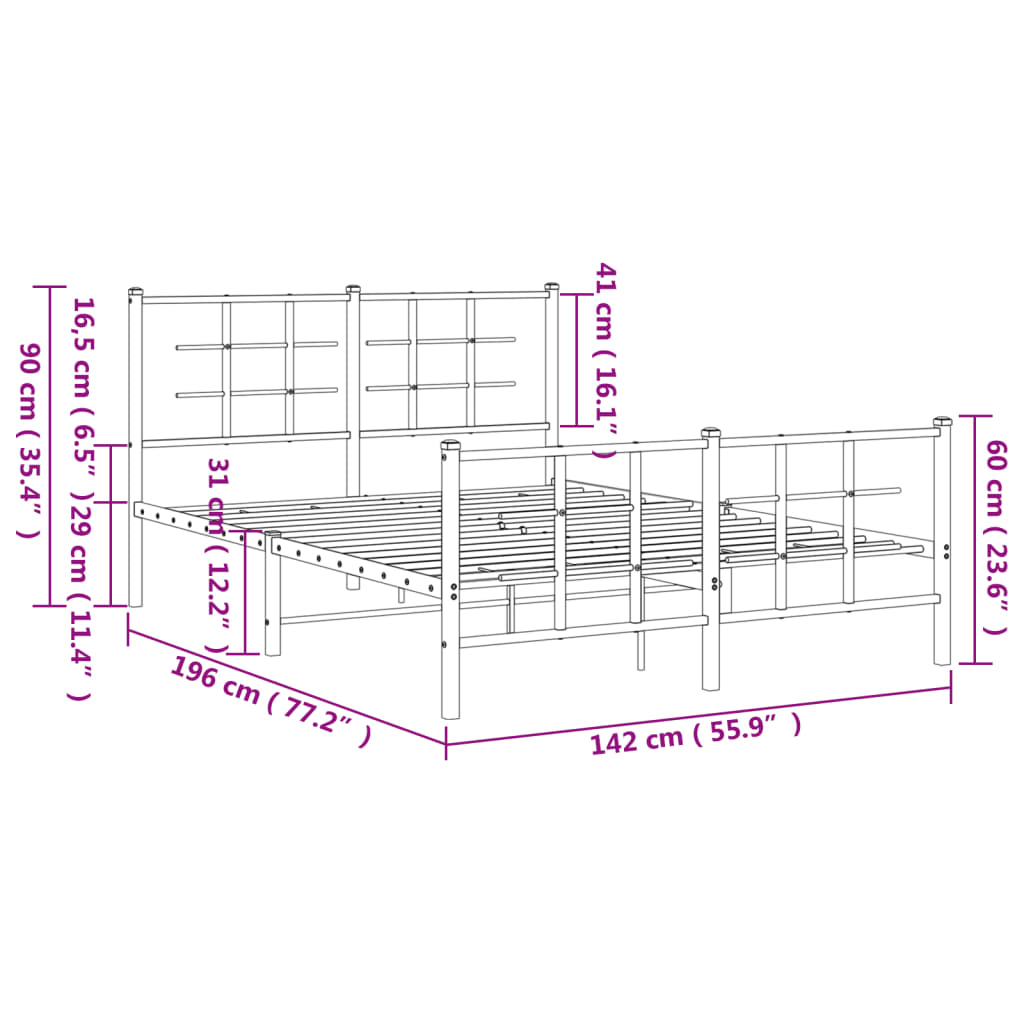 Metal Bed Frame without Mattress with Footboard White 135x190cm