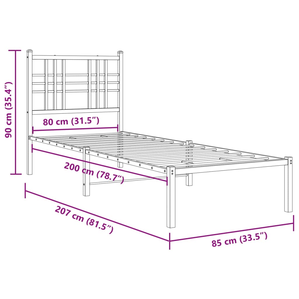 Metal Bed Frame without Mattress with Headboard White 80x200cm