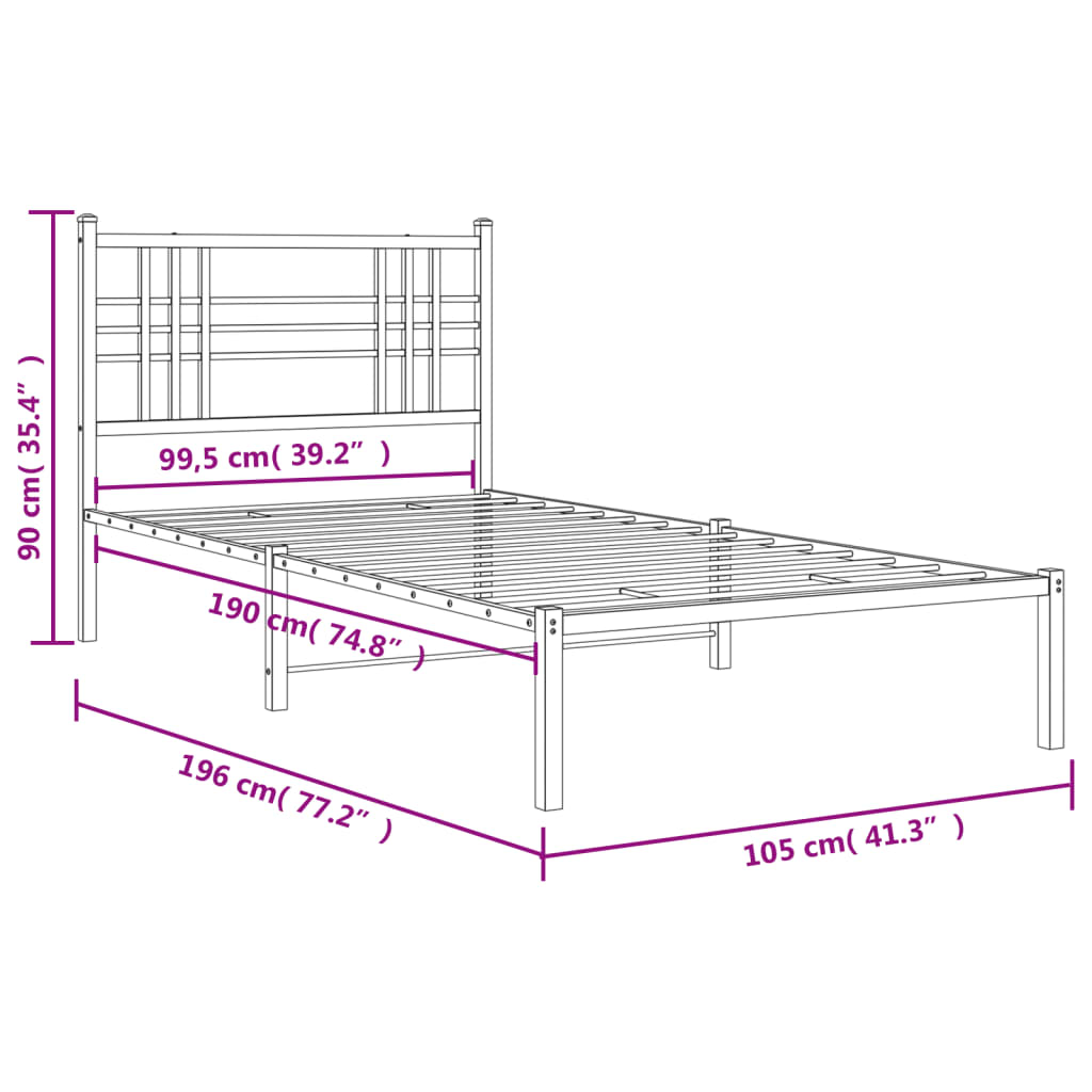 Metal Bed Frame without Mattress with Headboard White 100x190cm