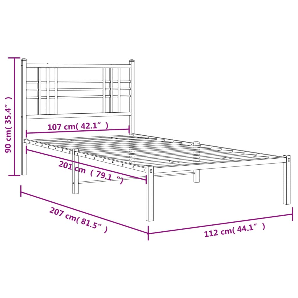 Metal Bed Frame without Mattress with Headboard White 107x203cm