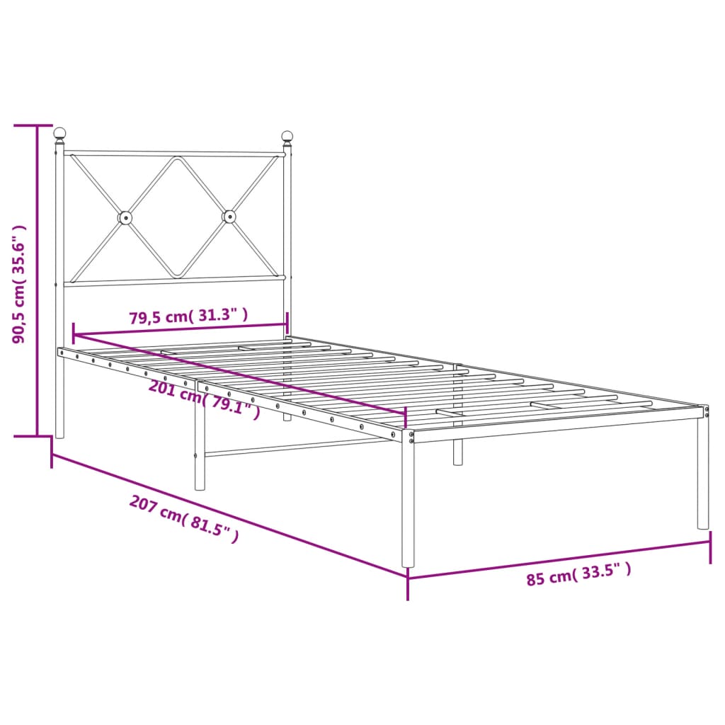 Metal Bed Frame without Mattress with Headboard Black 80x200cm