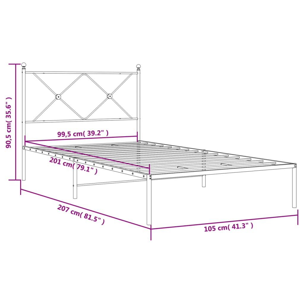 Metal Bed Frame without Mattress with Headboard Black 100x200cm