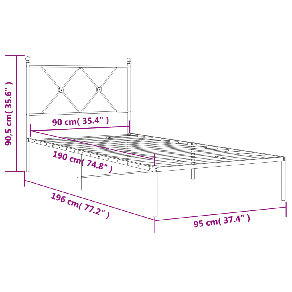Metal Bed Frame without Mattress with Headboard White 90x190cm