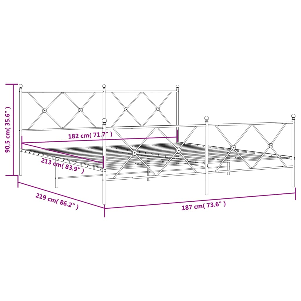 Metal Bed Frame without Mattress with Footboard White 183x213cm