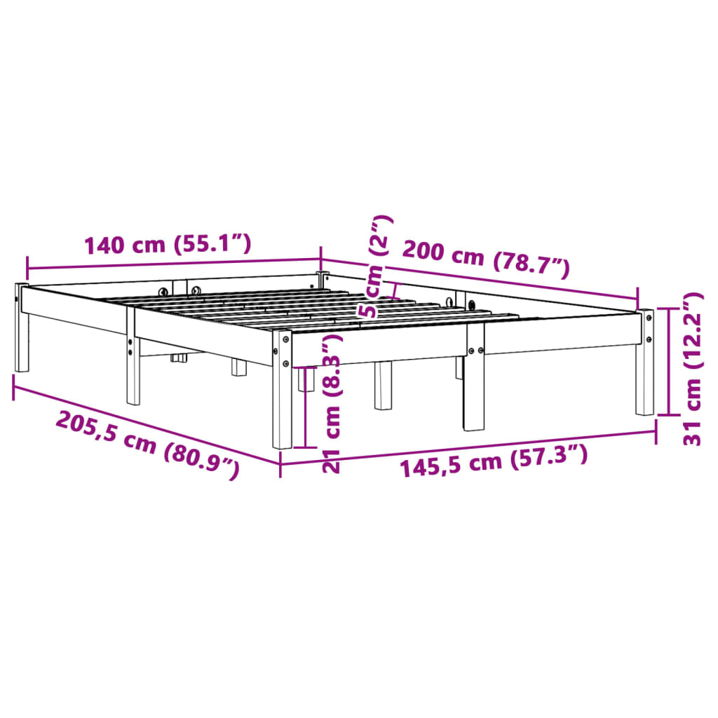 Bed Frame without Mattress Wax Brown 140x200 cm Solid Wood Pine