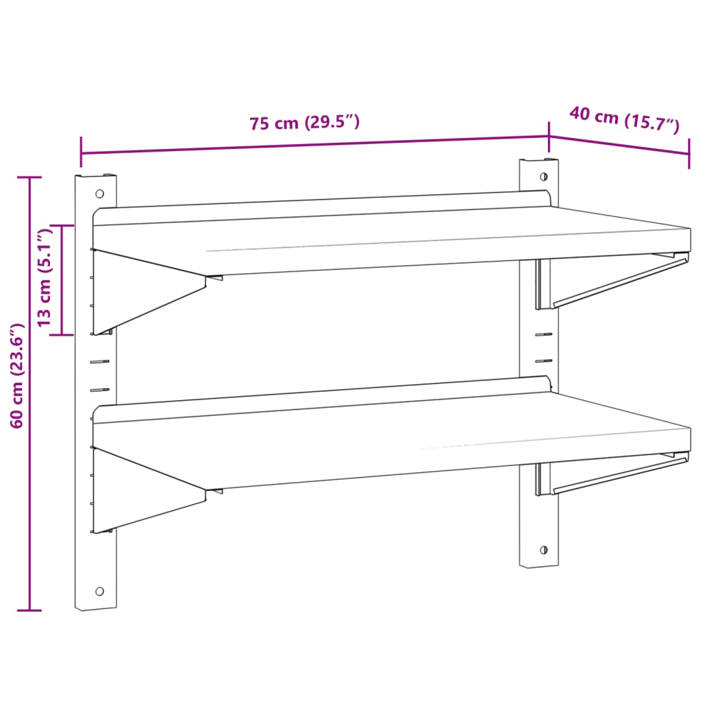 2-Tier Wall Shelf 75x40x60 cm Silver Stainless Steel