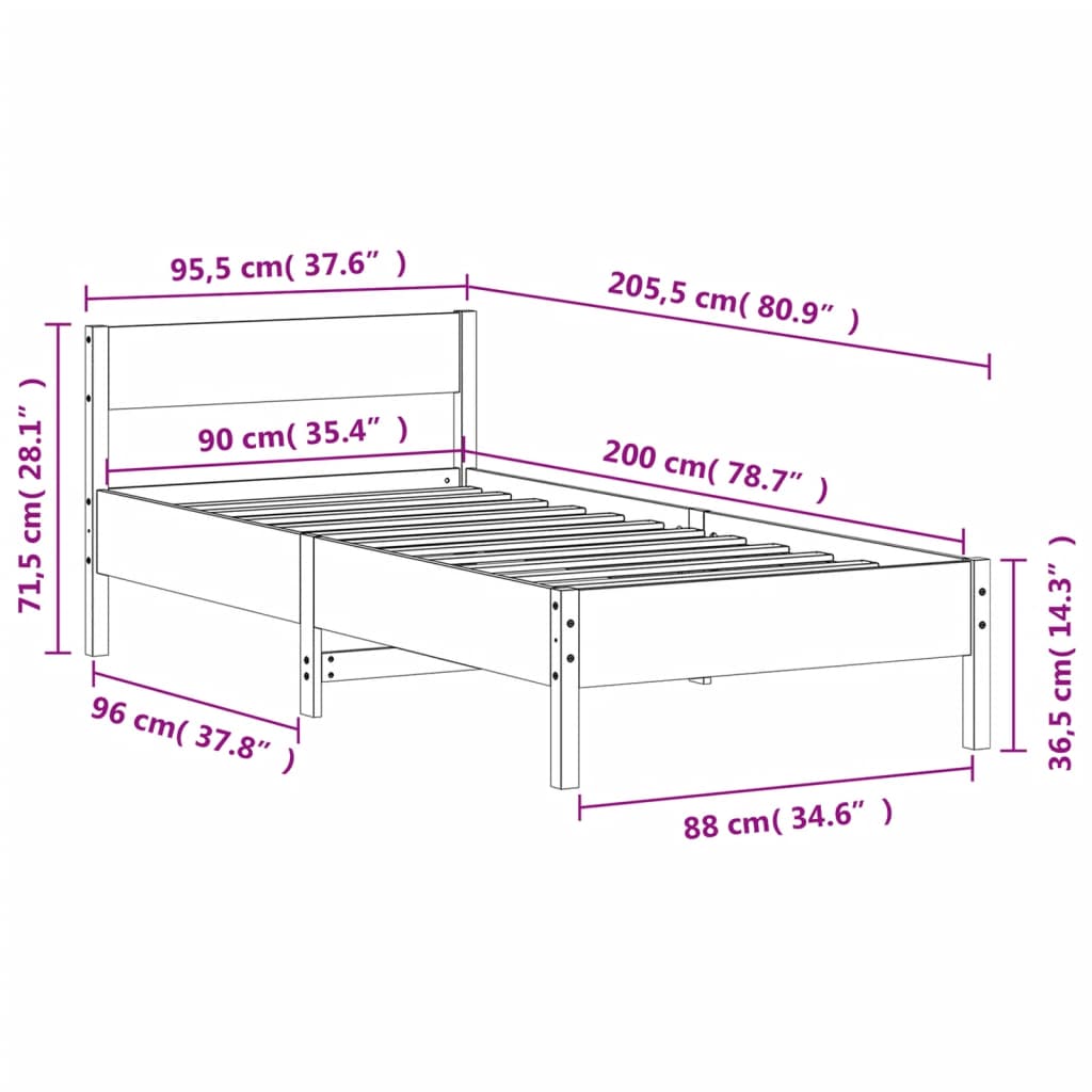 Bed Frame without Mattress White 90x200 cm Solid Wood Pine