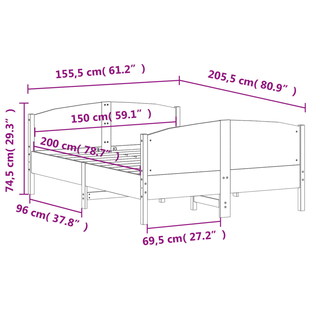 Bed Frame without Mattress White 150x200 cm King Size Solid Wood Pine