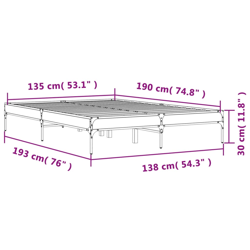 Bed Frame without Mattress Grey Sonoma 135x190 cm Double