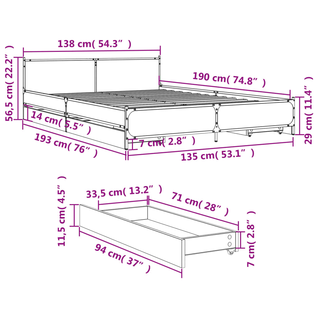 Bed Frame with Drawers without Mattress Sonoma Oak 135x190 cm Double