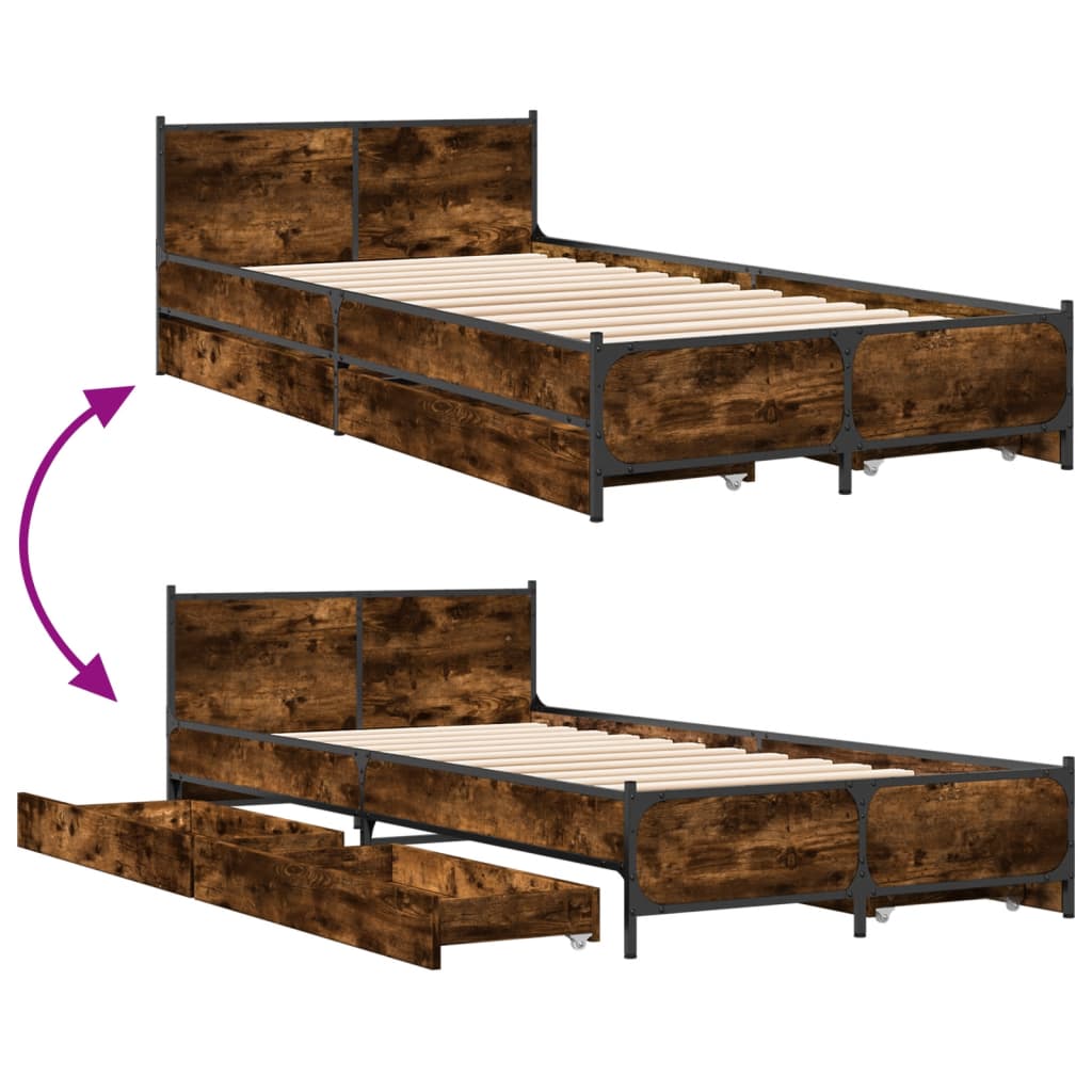 Bed Frame with Drawers without Mattress Smoked Oak 75x190 cm Small Single