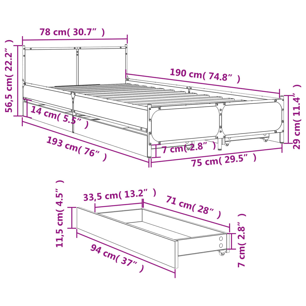 Bed Frame with Drawers without Mattress Smoked Oak 75x190 cm Small Single