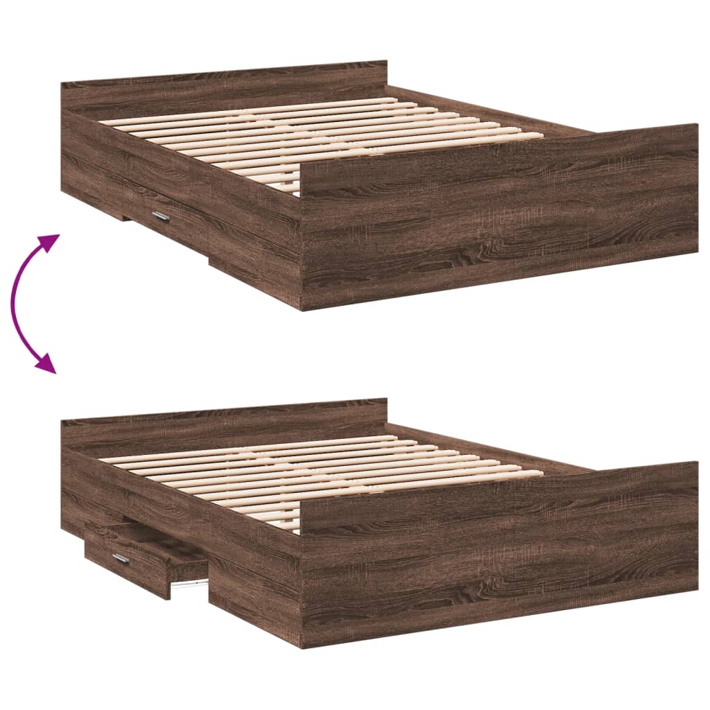 Bed Frame with Drawers without Mattress Brown Oak 140x190 cm