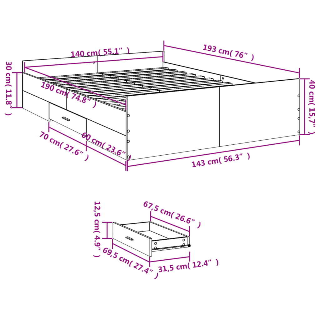 Bed Frame with Drawers without Mattress Brown Oak 140x190 cm