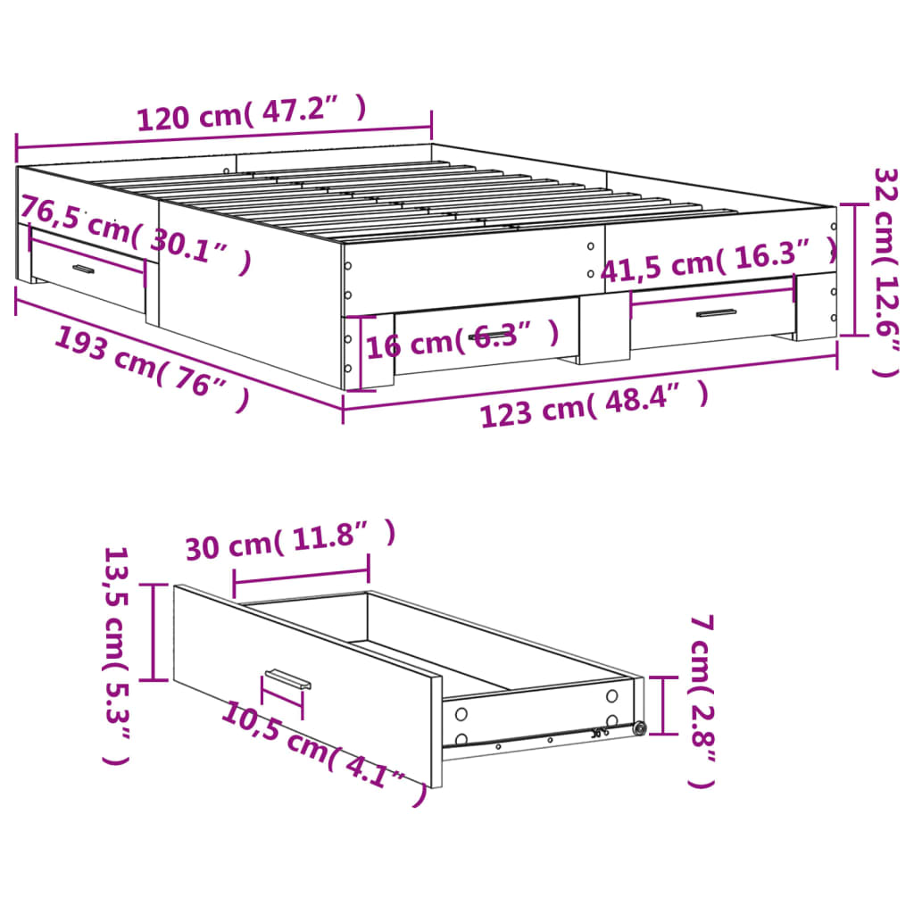Bed Frame with Drawers without Mattress Black 120x190 cm Small Double