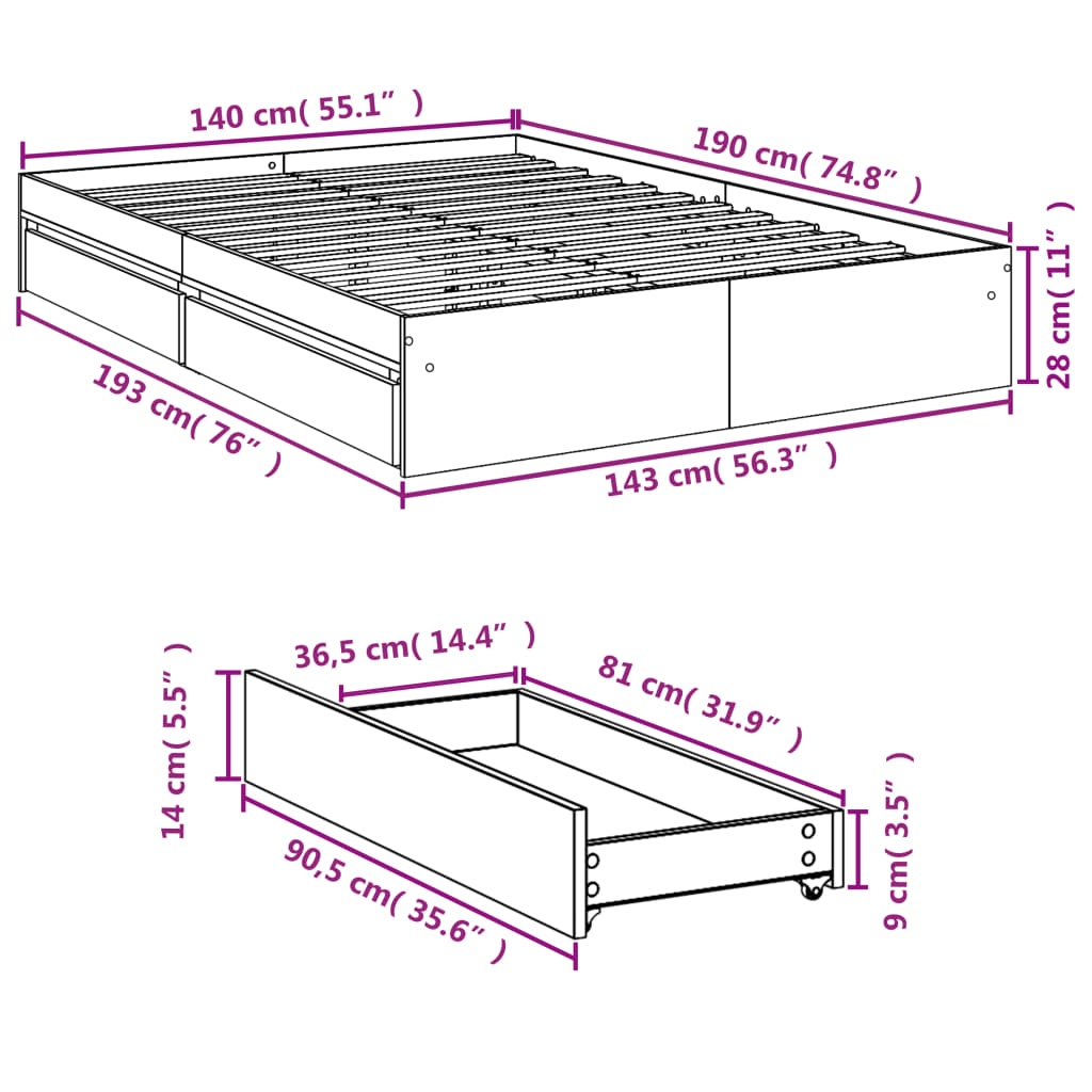 Bed Frame with Drawers without Mattress Black 140x190 cm